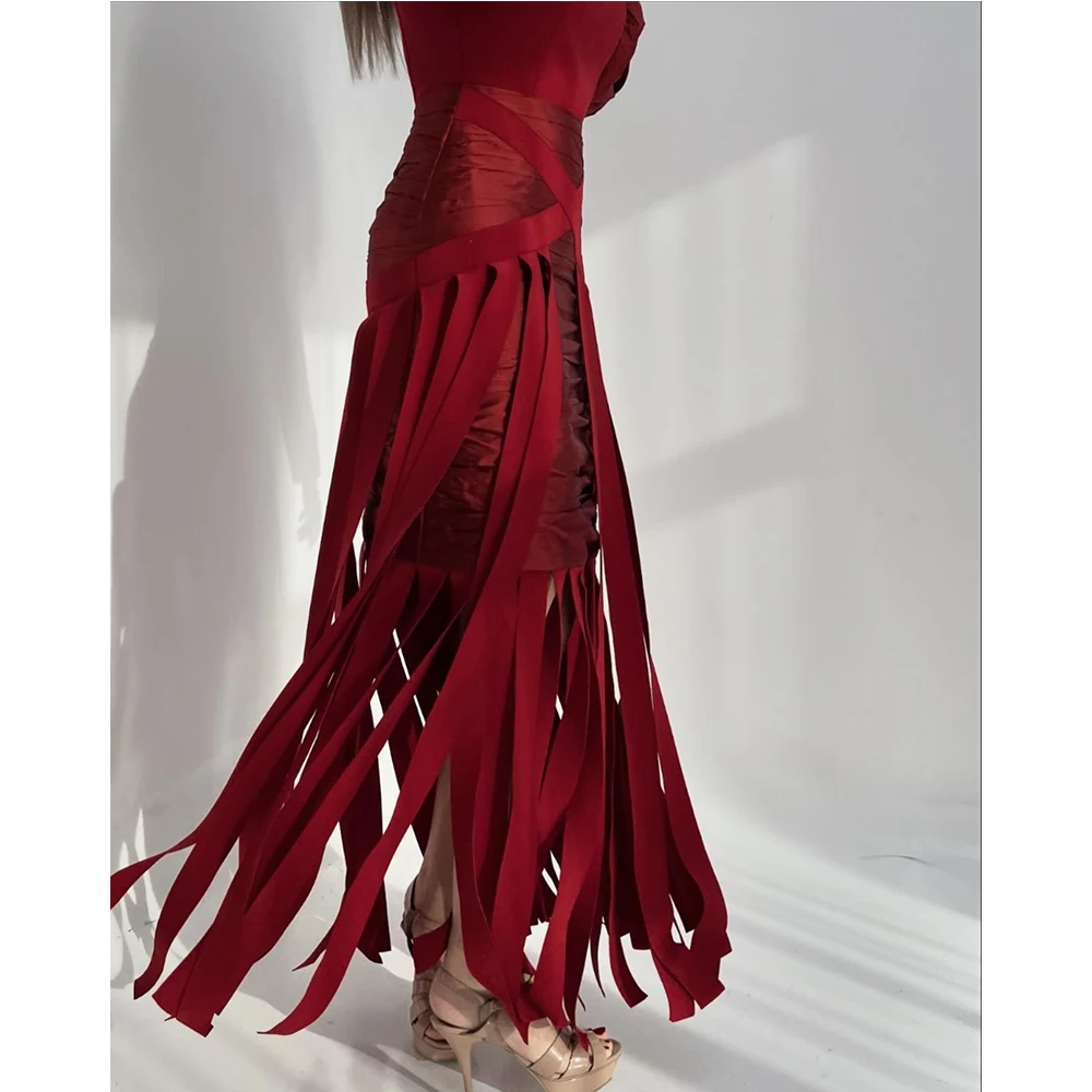 Customized Jersey Straight Tassel Evening Dress O-neck Long Sleeves Floor Length Burgundy Temperament Vestidos de fiesta