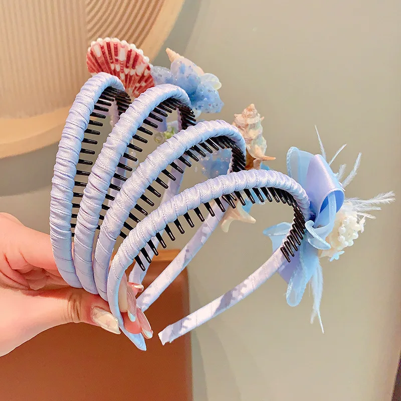 2026 New Summer Beach Shell Coach Headband For Girls Kids Boho Ocean Flower Tulle Bow Hair Hoop Children Hair Accessories Gift view 4