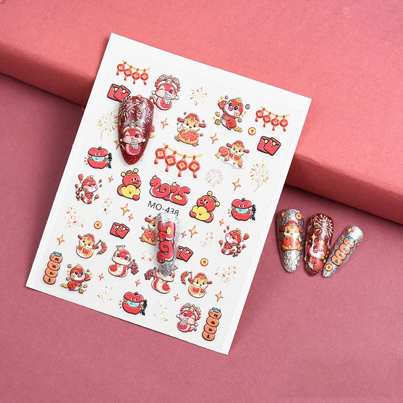 2025 Nowy Rok Paper-Cut Lion Dance Nail Stickers 5D Relief Sculpture Cartoon Snake Nail Decals DIY Manicure Decoration