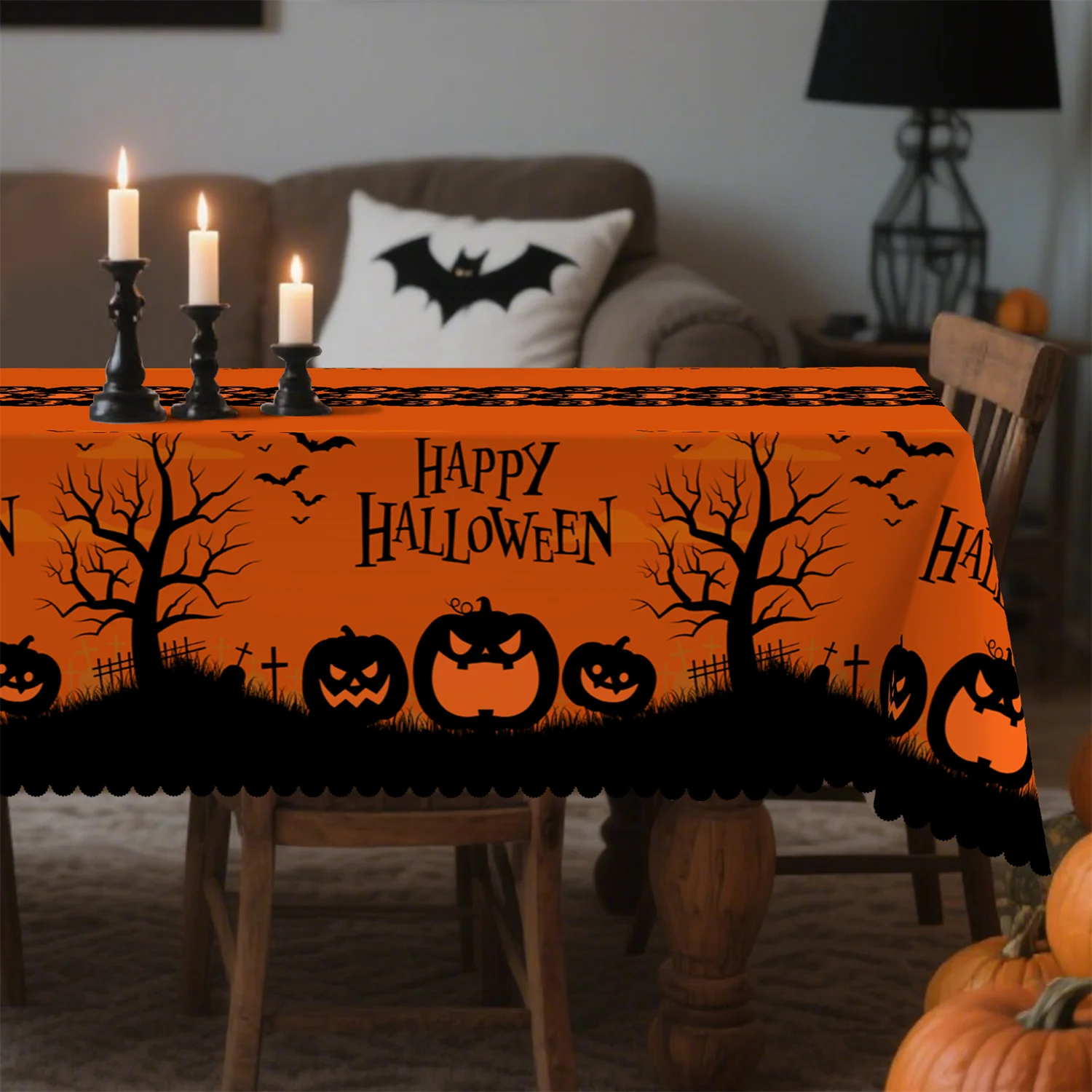 Happy Halloween! Pumpkin, dead tree, tomb, bats. Halloween tablecloth, 1 pack, suitable for kitchen.zyc