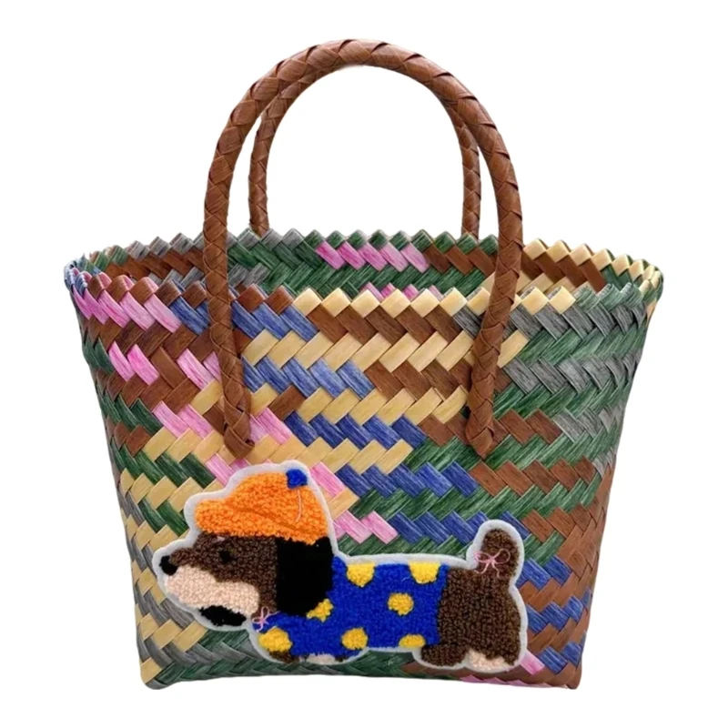 

E8FB Stylish Women's Bag Retro Stripe and Dachshund Print Handbag for Shopping