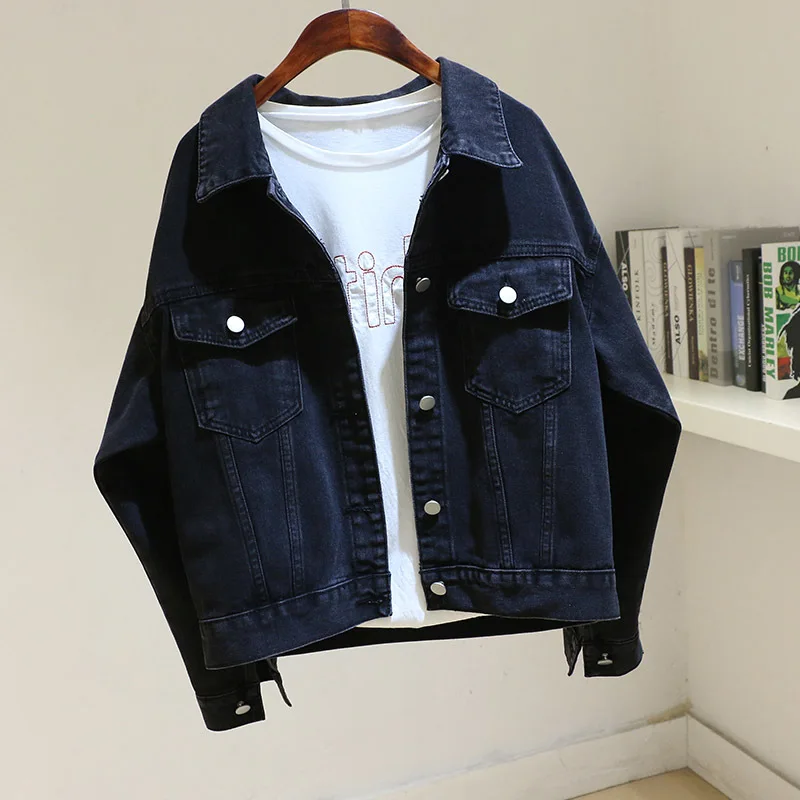 Spring Autumn Vintage Black Denim Jacket Women Big Pocket Casual Cowboy Outerwear Loose Short Student Jeans Jacket Coat Female