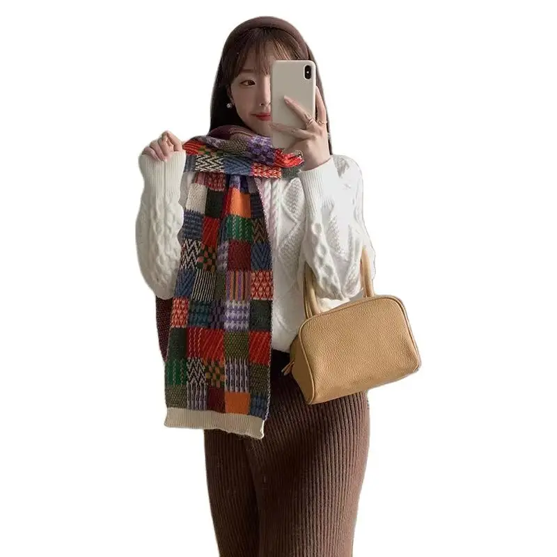 

Wool fashion scarf large jacquard knit scarf blue plaid scarf thickened warm winter ladies scarf Christmas New Year gift