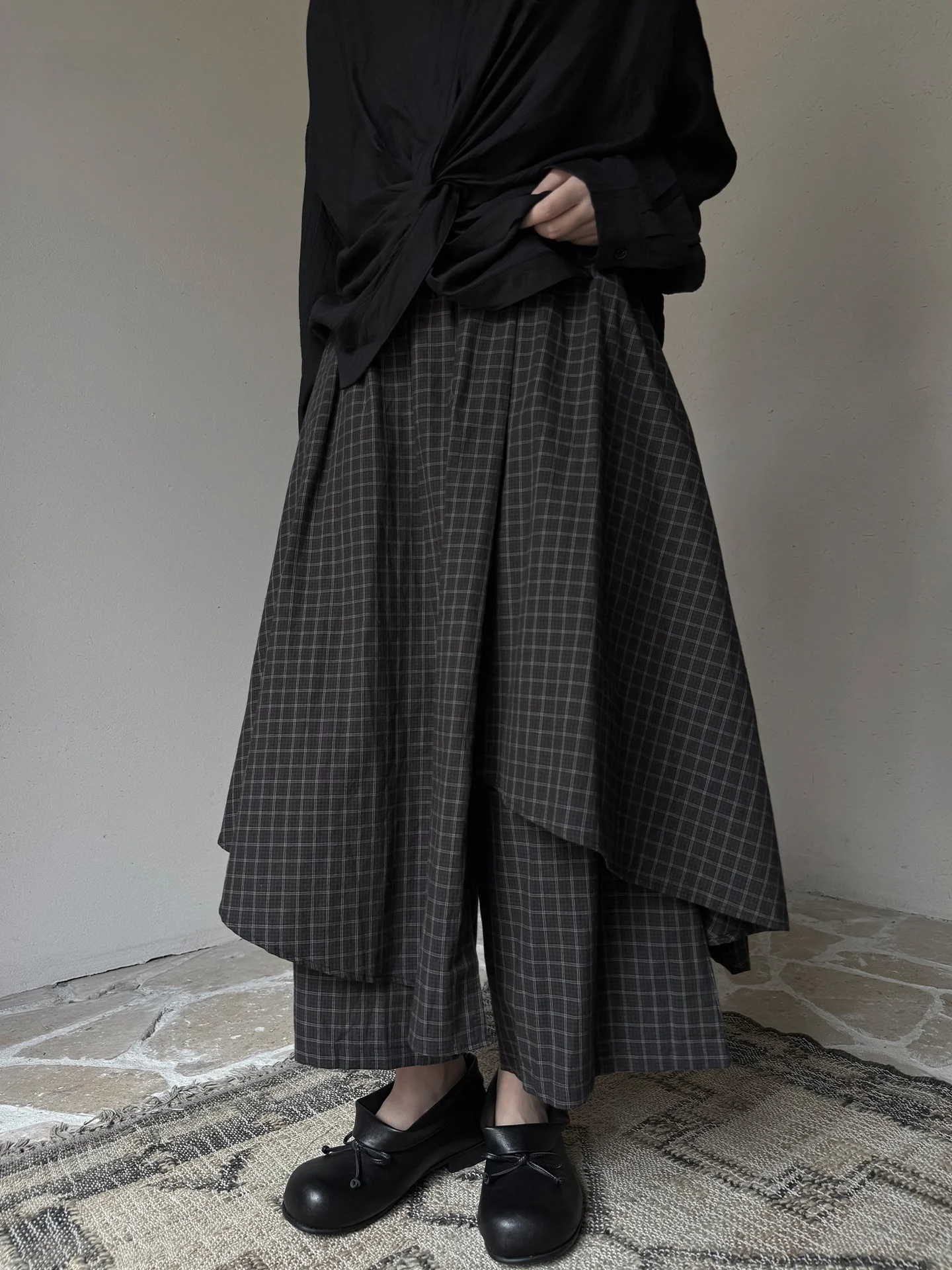 Casual Plaid Skirt Pants Asymmetrical Design Fake Two-Piece Miniature Personality Land And Mountain Style Cotton Wide Leg Pants