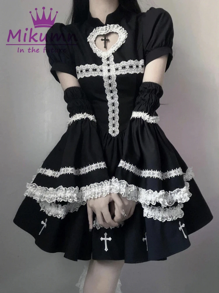 Gothic Dresses Harajuku Y2k Lolita Preppy Style Flare Sleeve Kawaii Vestidos Ball Gown Sweet Lace Hollow Out Love Ruffles Dress