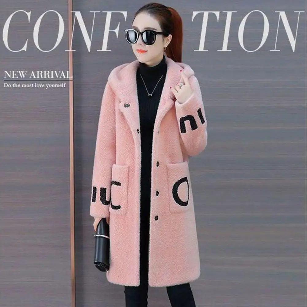 Hooded Long Sleeve Pockets Letter Print Single Breasted Plush Coat Winter Women Thickened Imitation Lambswool Overcoat abaya