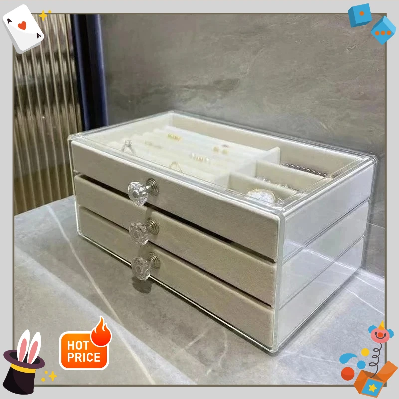 Dustproof Anti-Oxidation Jewelry Box 3-Drawer -New Large Capacity Velvet Desktop Organizer for Earrings Bracelets Rings Vanity