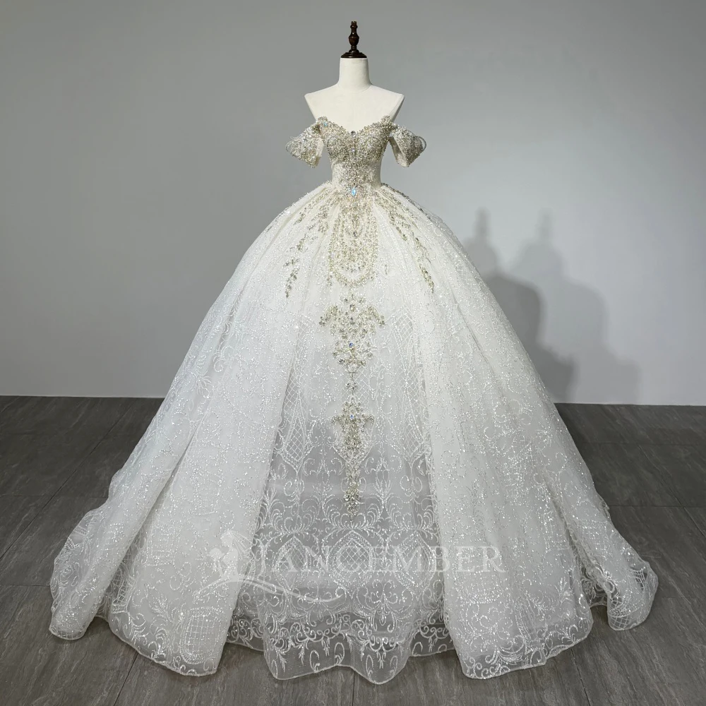 Customized Charming Organza Ball Gown Bride Robe Modest Short Sleeve Bridal Dress Glitter Sequins Wedding Gown robe de mariée