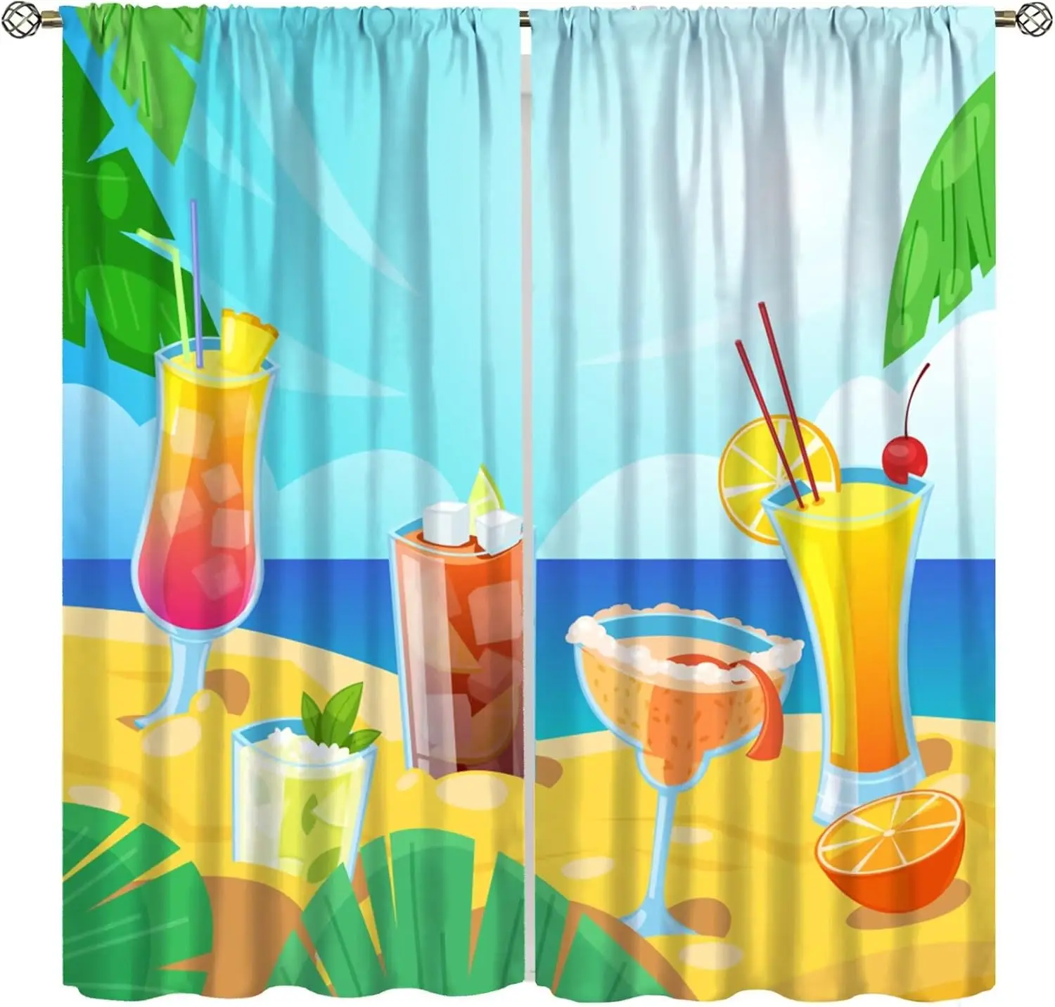 Colorful Ocean Beach Drink Curtain,Watercolor Art Cartoon Coastal Fruits Drink Sky Plant Leaf Blackout Rod Pocket Window Curtain