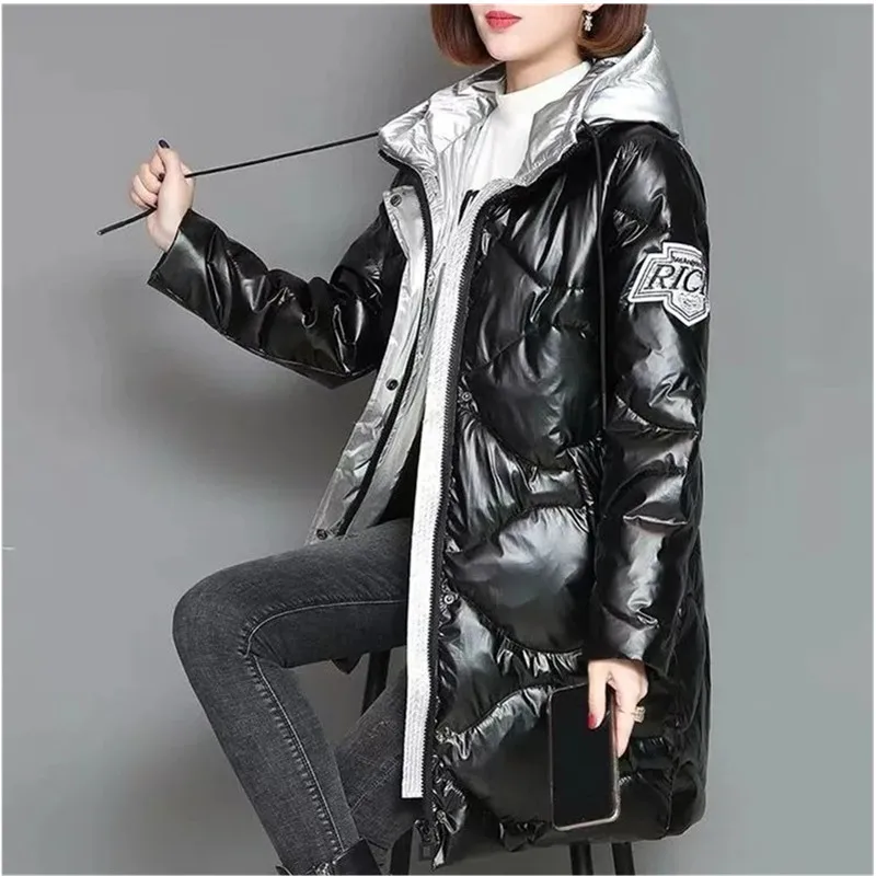 Winter Spliced Glossy Down cotton Jacket Women\'s Clothing 2024 Winter Female New Thicken Parka Warm Loose Hooded cotton Coats