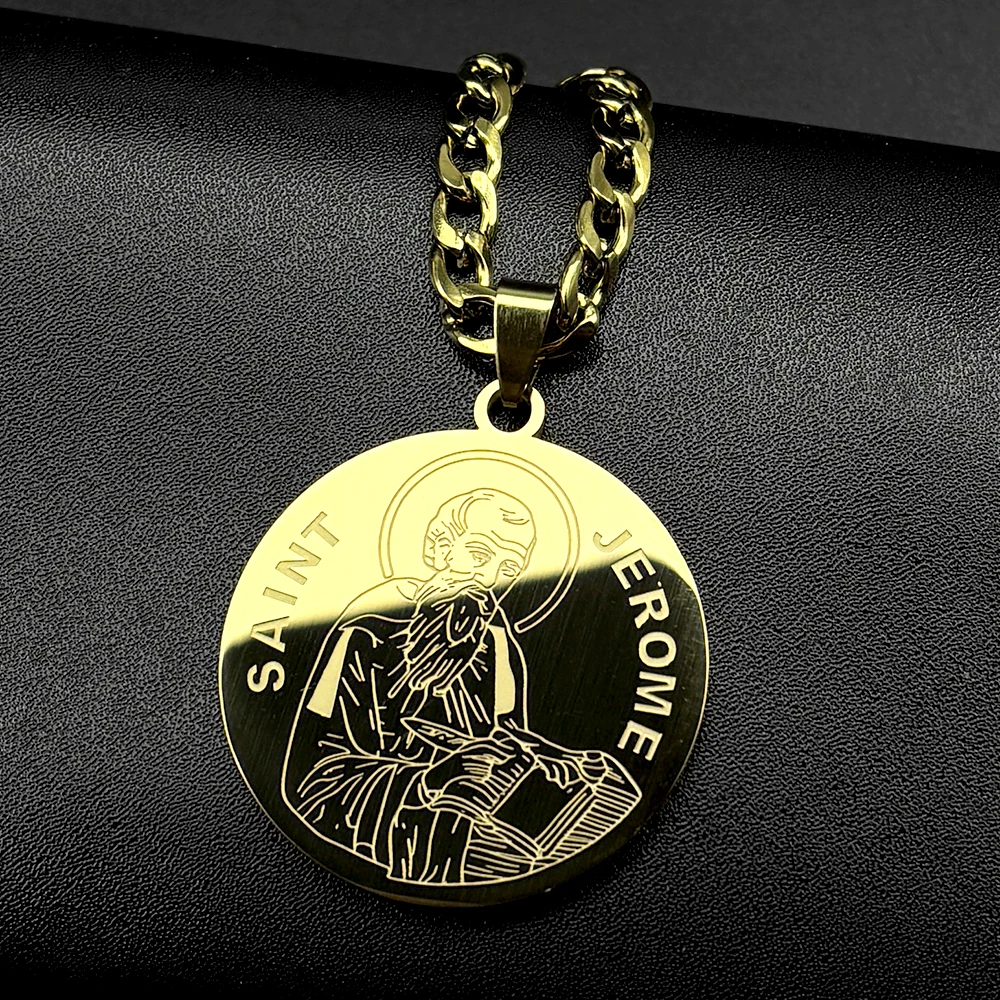 Saint Jerome Protect Us Pendant Necklace for Women Men Stainless Steel Gold Color Christian Medallion Chain Academic Jewelry