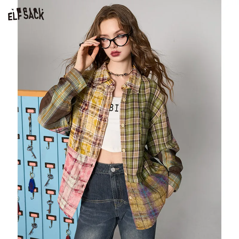 

ELFSACK 2024 Autumn New Arrive Colorful plaid retro American deconstructed patchwork shirt jacket for women