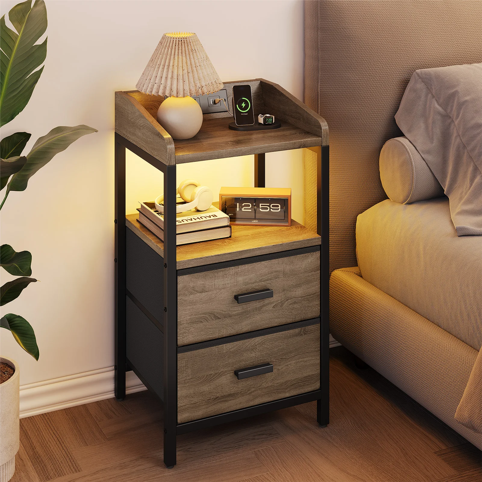 

US Nightstand with Charging Station Modern Bedside End Side Table Guardrail Storage Shelf 2 Fabric Drawers USB Ports AC Outlet