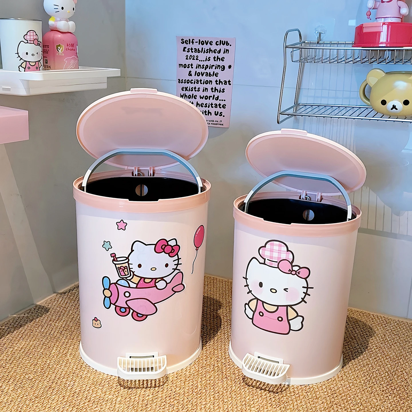 かわいいピンクの猫型家庭用ゴミ箱フットペダル式静音蓋付きダブルバケットペーパーバスケットキッチンバスルーム家庭用掃除道具