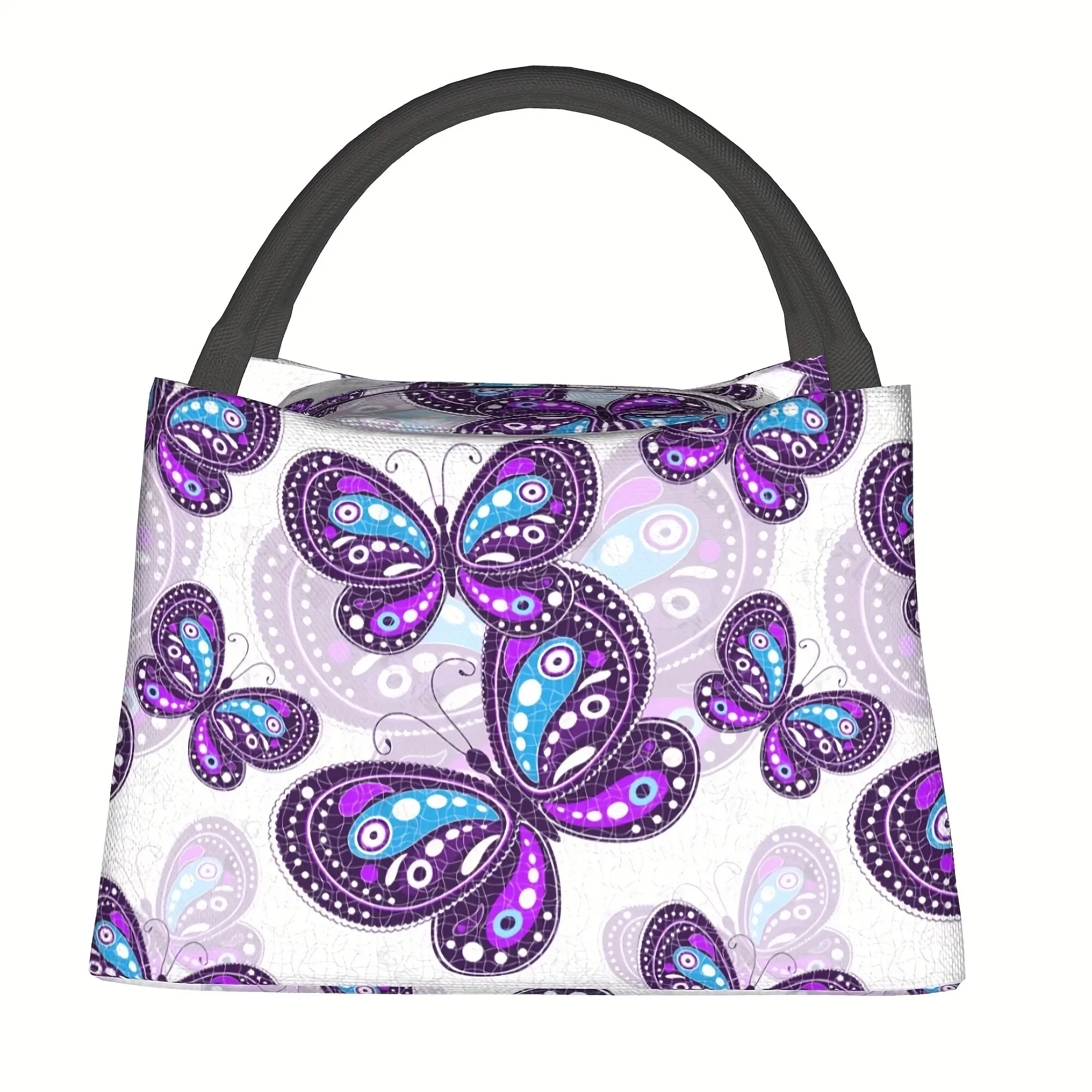 Purple Butterfly Print Insulated Lunch Bag Portable Reusable Cooler for Camping Picnic Office