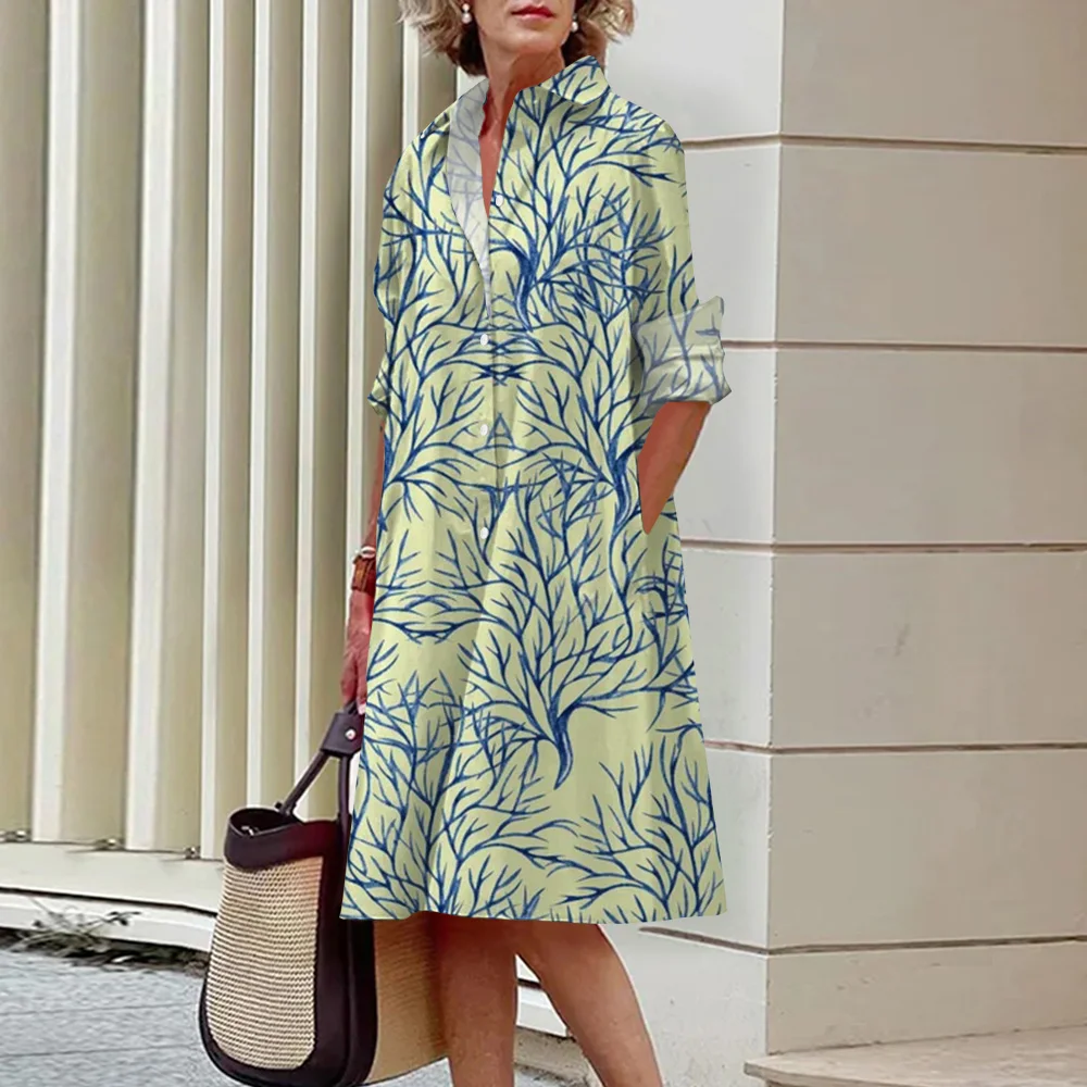 Vestido com camisa na altura do joelho feminino, Lapela, Top de manga comprida, Bolso, Tamanho positivo, Saia elegante, Roupas de festa, Verão, 2022