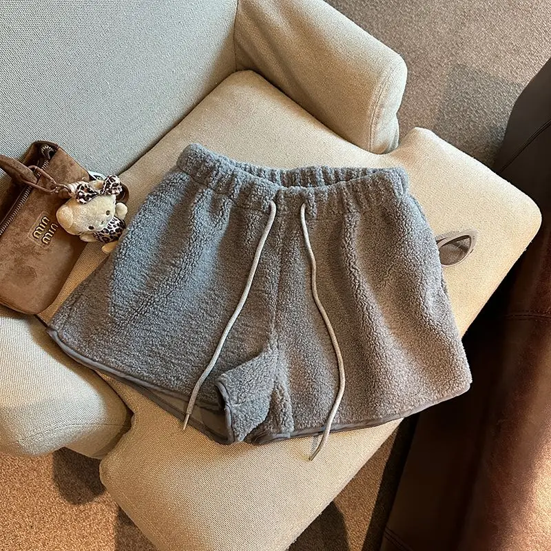 กางเกงขาสั้นแบบมีเชือกผูกเอว สำหรับฤดูใบไม้ร่วงและฤดูหนาว ผ้าหนา อุ่น ยืดหยุ่น เอวสูง ทรงหลวม ขากว้าง
