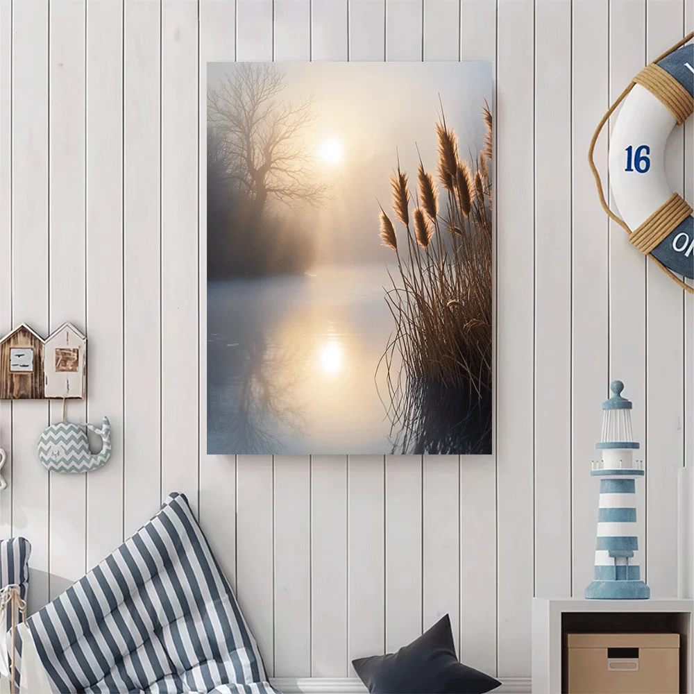 1PC-Canvas poster Unframed  Sunrise Over Misty Lake With Reeds And Bare Tree Reflection In Water  summer