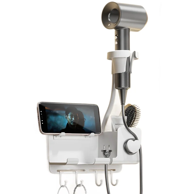 Hair Dryer Holder Wall Mount No Drill 360 Rotating Hands Free with Phone Holder Adhesive Stand Multi Function Bathroom Organizer