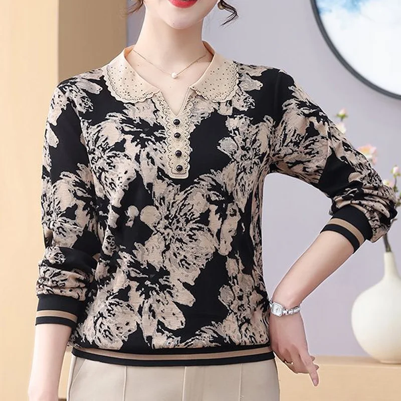 Spring Autumn New POLO Collar Fashion Long Sleeve Blouse Women High Street Loose Printing Pullovers Button Patchwork Elegant Top