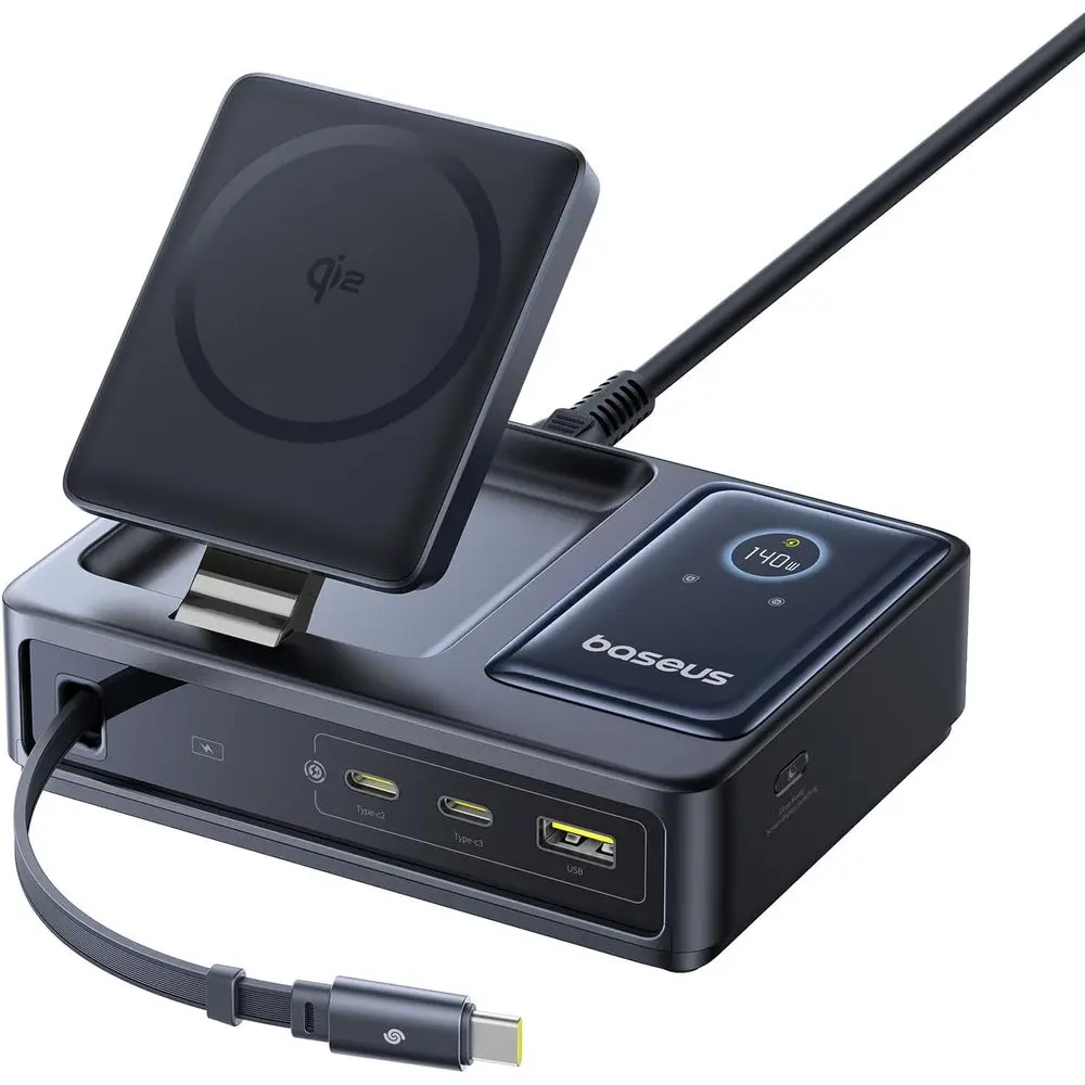 

5-in-1 140W Charging Station, Qi2 Certified 15W Magnetic Wireless, 100W Retractable Cable, GaN Fast USB-C for Desktop or MagSafe