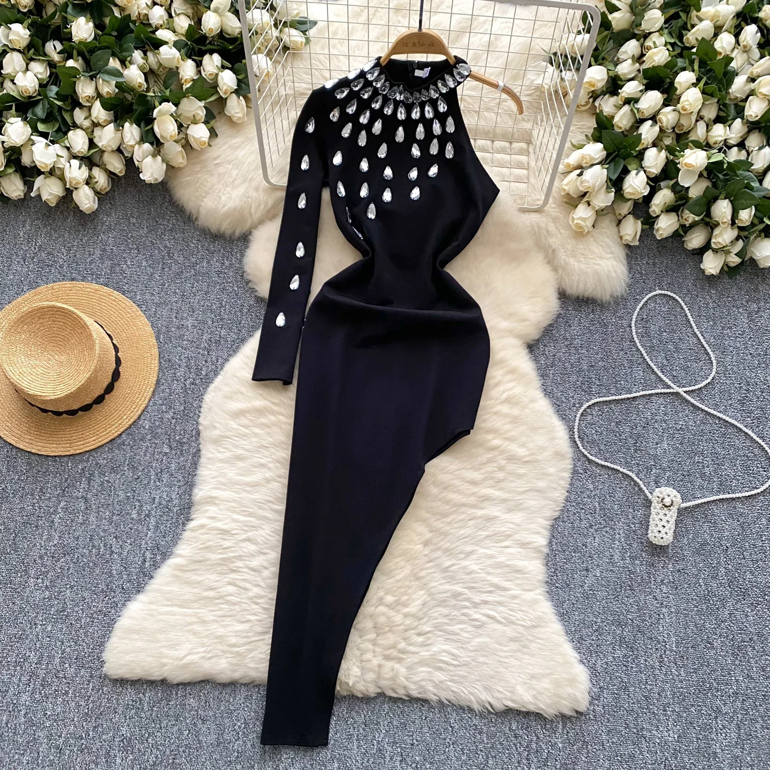 Vintage Hollow Out Elegant Rhinestone Chic Single Shoulder Slim Split Dresses Korean Sexy Evening Party Women Autumn Clothing