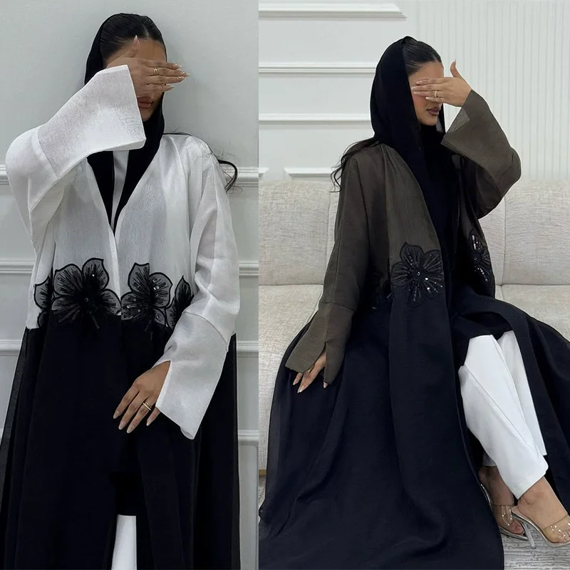 Ramadan Skromna Muzułmańska Abaja Kardigan modny trójwymiarowy aplikacja zmarszczona twarz elegancki temperament szata