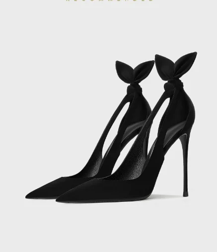 French black rabbit ear hollow pointed pointed female slim heel sexy queen commuting shallow mouth single shoe bow