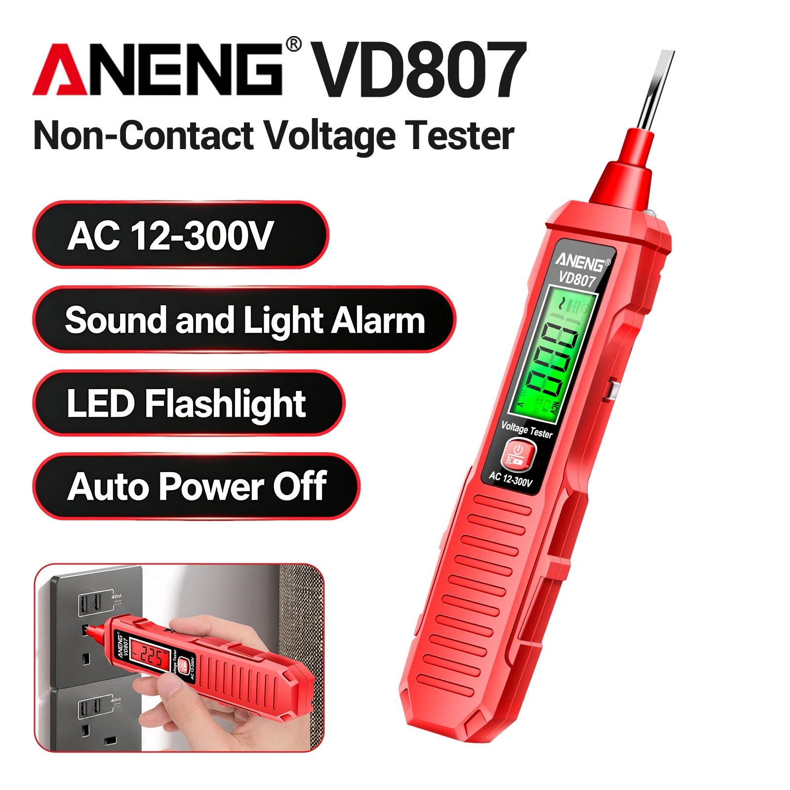 Caneta Testadora de Tensão ANENG VD807 NCV 12-300V AC com Detecção de Fio Vivo e Neutro por Contato e Sem Contato, Lanterna LED, Ferramenta para Eletricista