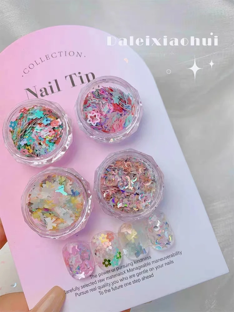 4 Pieces Fluorescent Mixed Shapes Nail Sequins Moon Star Flower Heart Nail Art Decorations Holographic Nail Iridescent Sequins