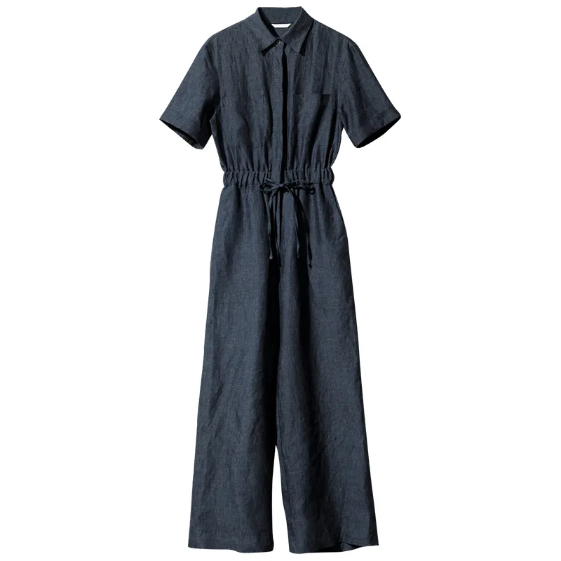 100% Linen  Jumpsuits For Women Short Sleeve Top +Wide Pants Overall Romper Streetwear Elegant One Piece Outfit Women