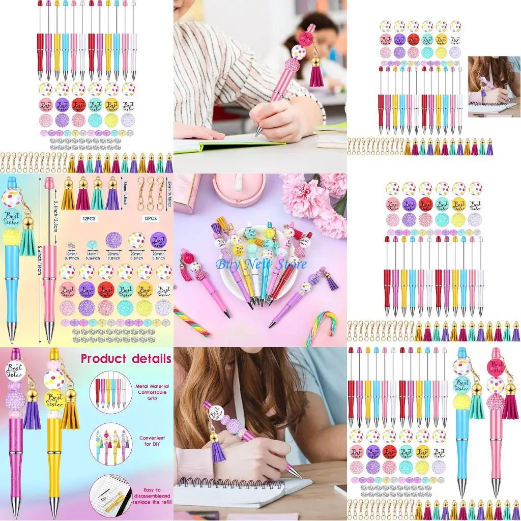 

20CE 86Pcs DIY Beadable Ballpoint Pen with Beads, Colored Tassels and Keychain Hooks