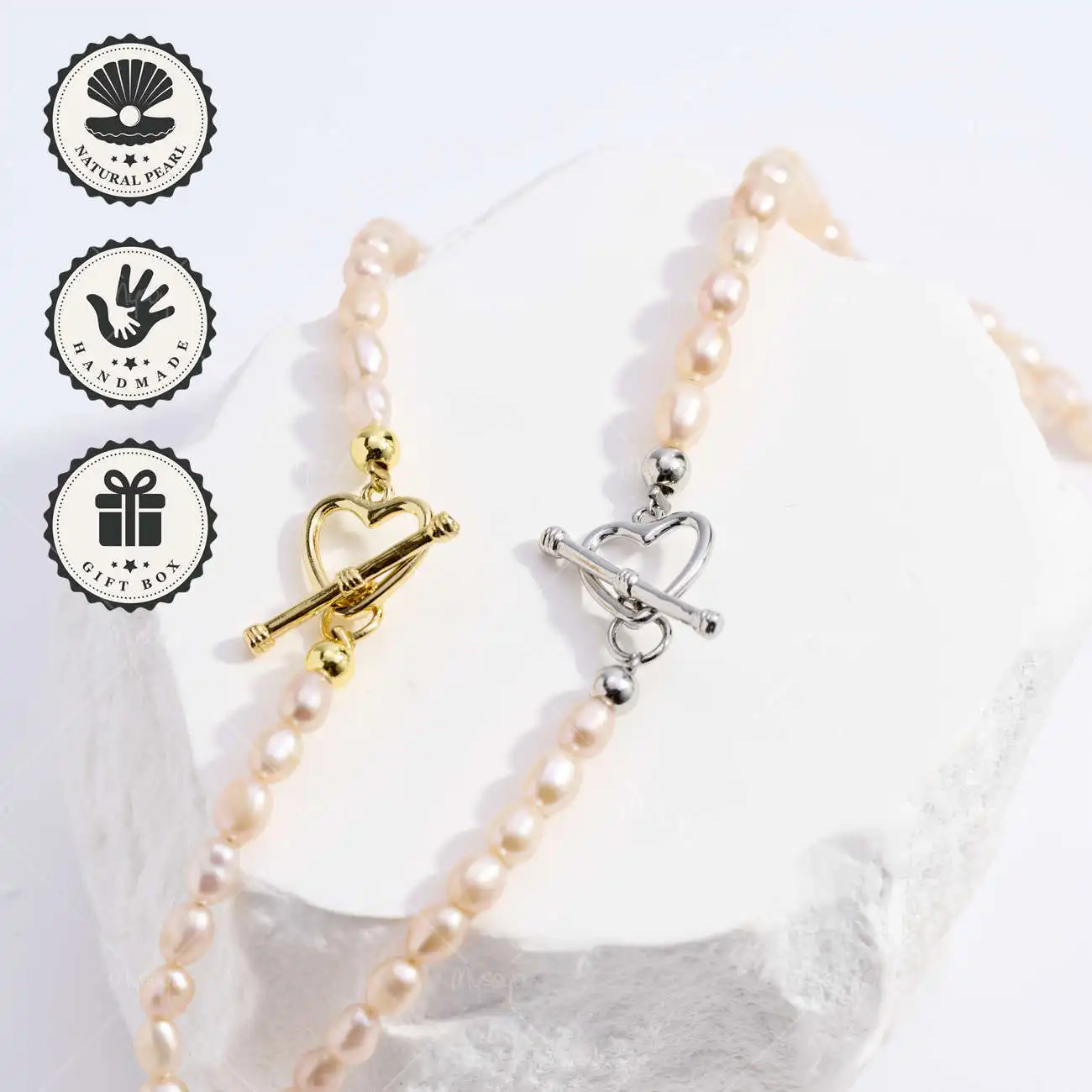 

MYSOYA Natural Pink Rice Freshwater Pearl Necklace, 6–7mm Pearls with Gold or Silver Heart Clasp, Gift Box, Birthday Gift