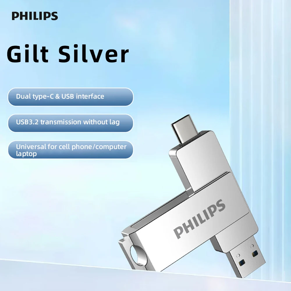 Philips 128GB USB C Dual Flash Drive Speed Up to 150MB/s with Keychain - 2 in 1 OTG USB 3.1 Type-C Thumb Drive Memory Stick