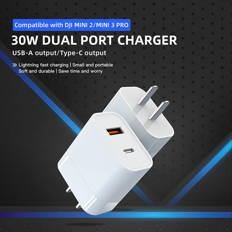 for DJI Mini 2/3Pro Drone Battery Charger 30W GaN Dual Port USB Type-C Port Remote Control Fast Charging Power Supply Cable Line