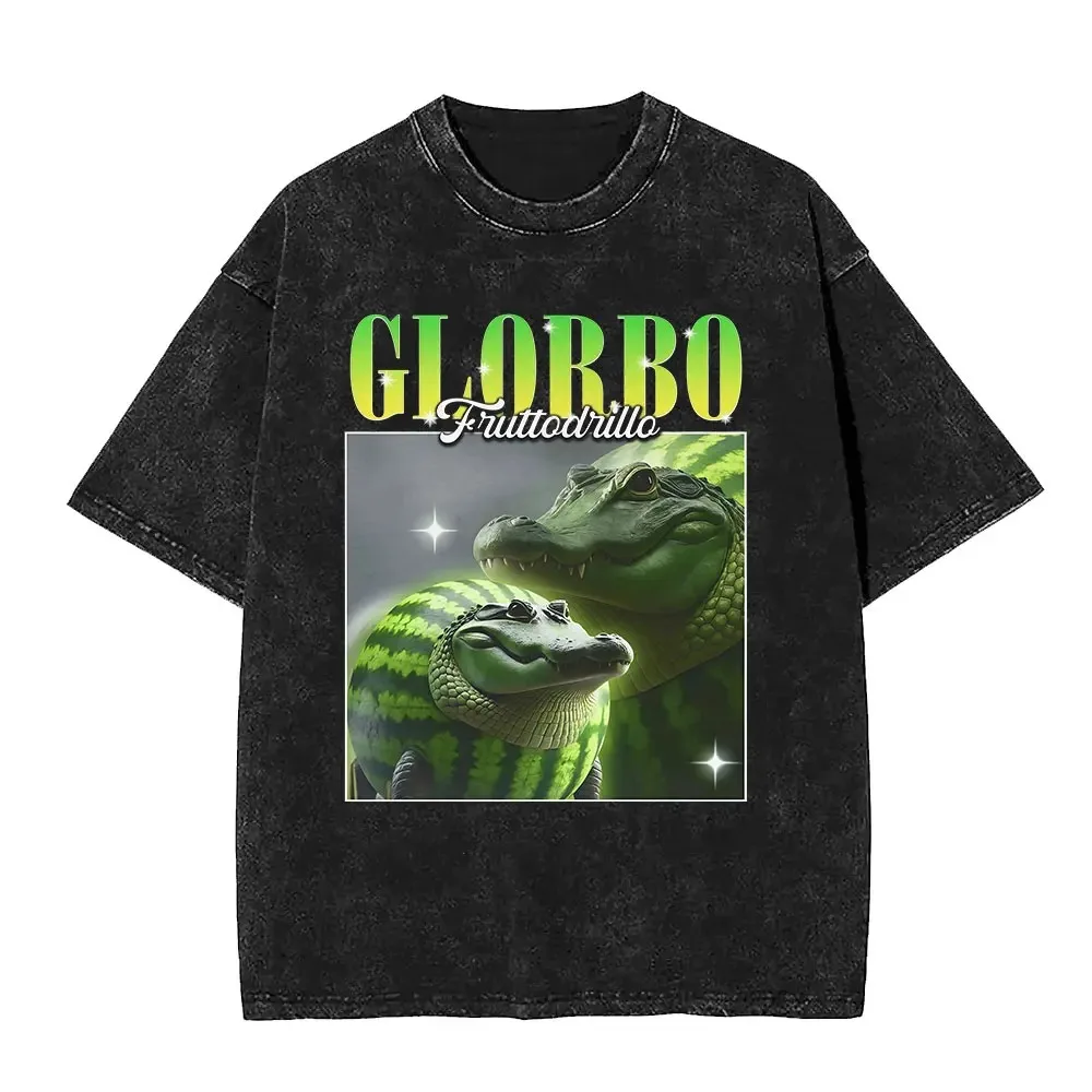 

Glorbo Fruttodrillo Vintage Washed T Shirts Italian Brainrot Funny Meme T Shirt Men Women Fashion Retro Casual Cotton T-shirts