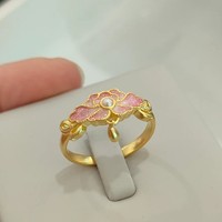 HX New Chinese Style Pink Enamel Ring with Water Drop Retro Light Luxury High End Charm Ring Opening Jewelry