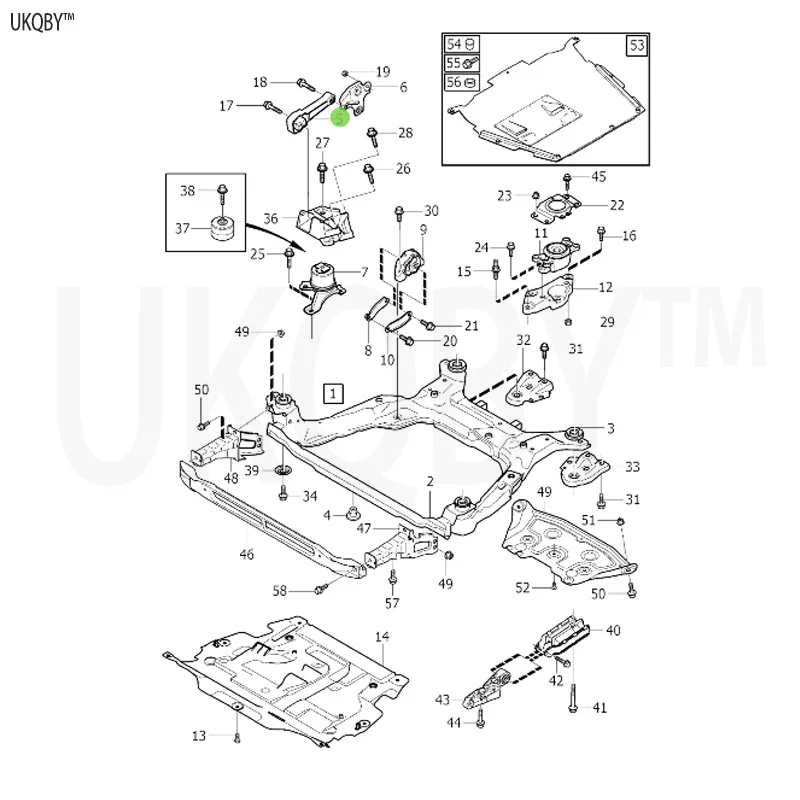 Axle liner plastic nut torque rod bracket engine pad, right pillar axle liner, below