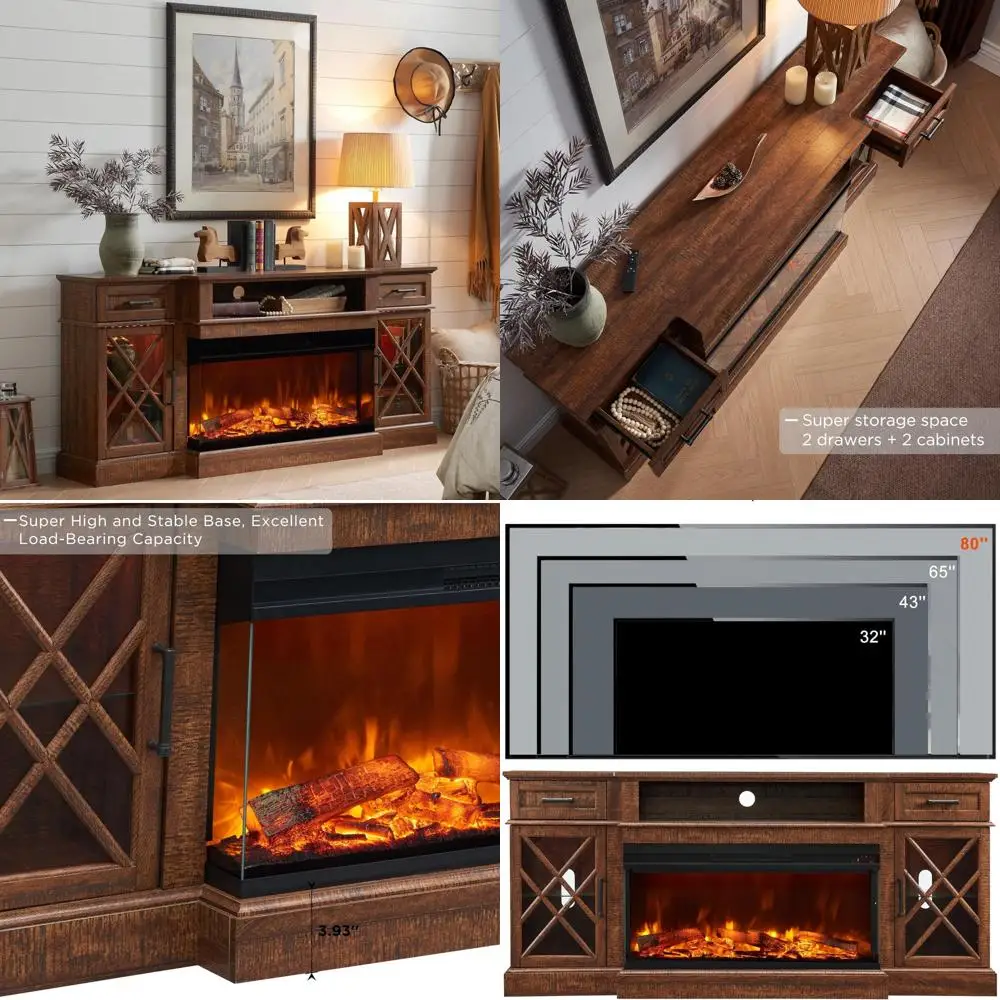 

3-Sided Glass Farmhouse Style Fireplace TV Stand, Highboy Entertainment Center with Glass Door Storage for TVs up to 80