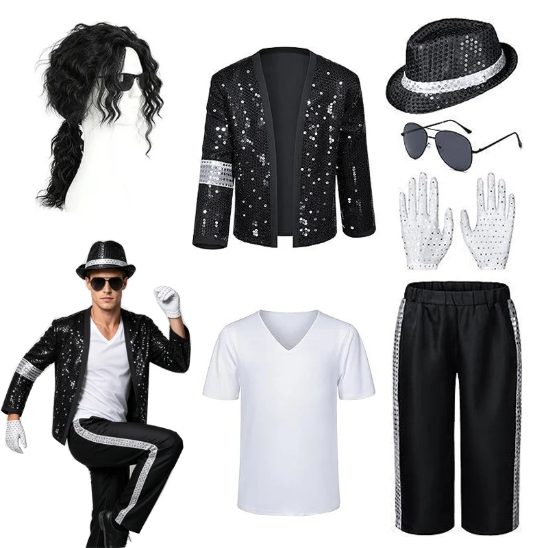 Disfraz de Michael Jackson para Adultos, Hombres y Mujeres, Estilo Pop de los 80 y 90, Peluca para Cosplay, Halloween, Actuaciones, Hip Hop, Danza, Ropa Familiar