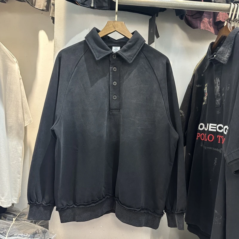 

Washed Long Sleeve Polo Neck Sweatshirts Men Women Vintage Streetwear Casual Loose Polo Shirts Black Clothes Tops