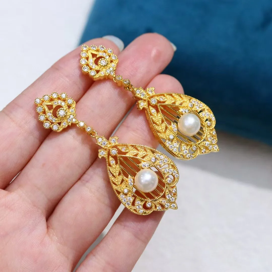 

Certificated Vintage 925 Silver Natural Akoya Pearl Ear Drop Dangle Harp Stud Earring For Women Seawater Pearl Antique Jewelry