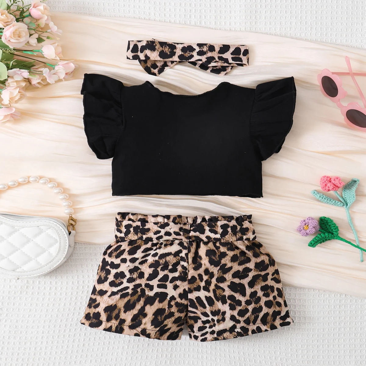 0-2 Year Old Baby Girl Summer Fashion Ruffled Short Sleeved Leopard Print Shorts Headwear Set