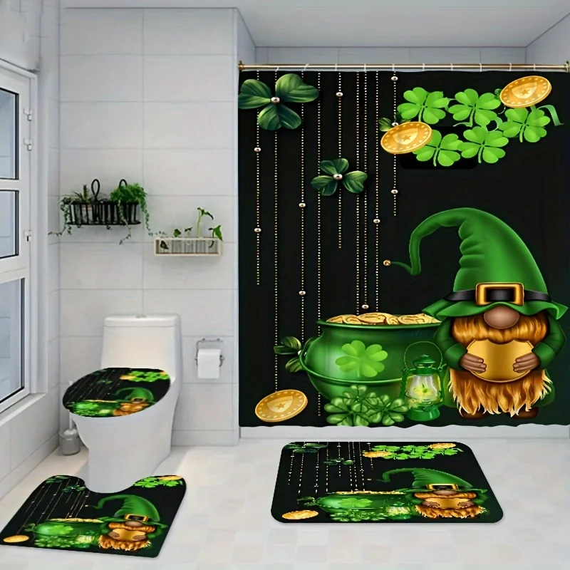 1/3/4pcs Green Four-leaf Clover Gnome Golden Coin Pattern Bathroom Set, , Machine Washable, Shower Curtain With No