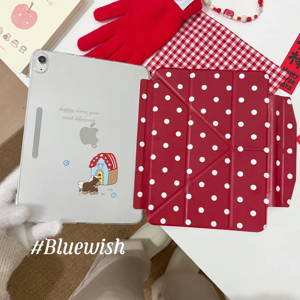 Korean Pony Wave Point Y2K Y-Fold Red Cover For iPad Pro 13 11th M5 M4 12.9 A16 10 8 7 9th 10th Air 11 M2 M3 Mini Tablet Case