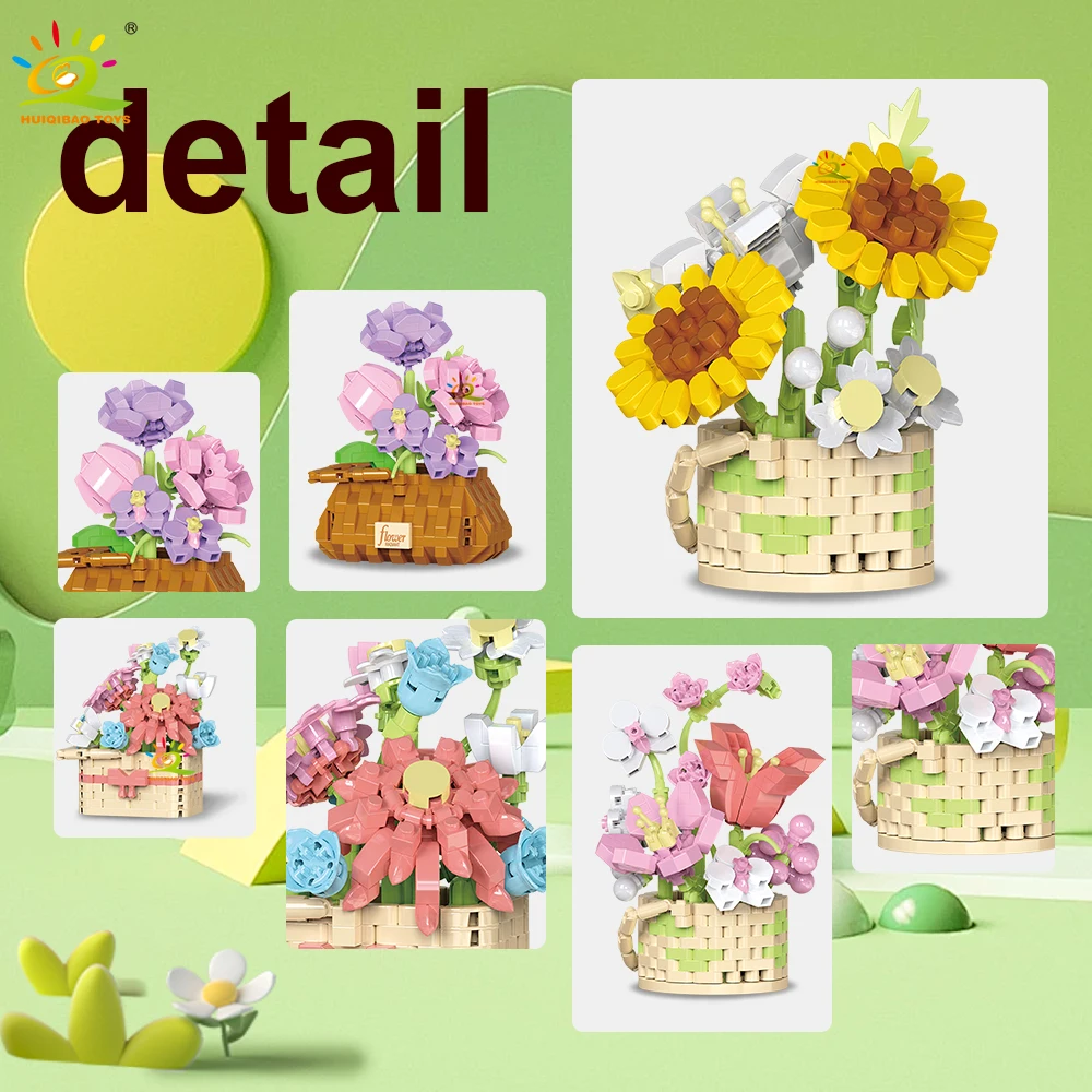 HUIQIBAO MOC Цветочный горшок Микро Строительный блок DIY Роза Подсолнух Букет Мини Алмазная модель Кирпичная игрушка для детского декора стола.