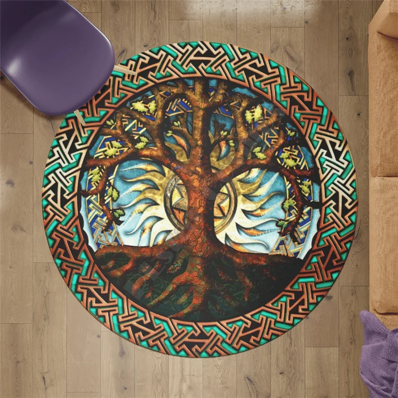 Viking Round Rug Tree of Life Floor Mat 3D Printed Rugs Non-slip Mat for Dining Living Room Bedroom Carpet Desk Area Rug Doormat