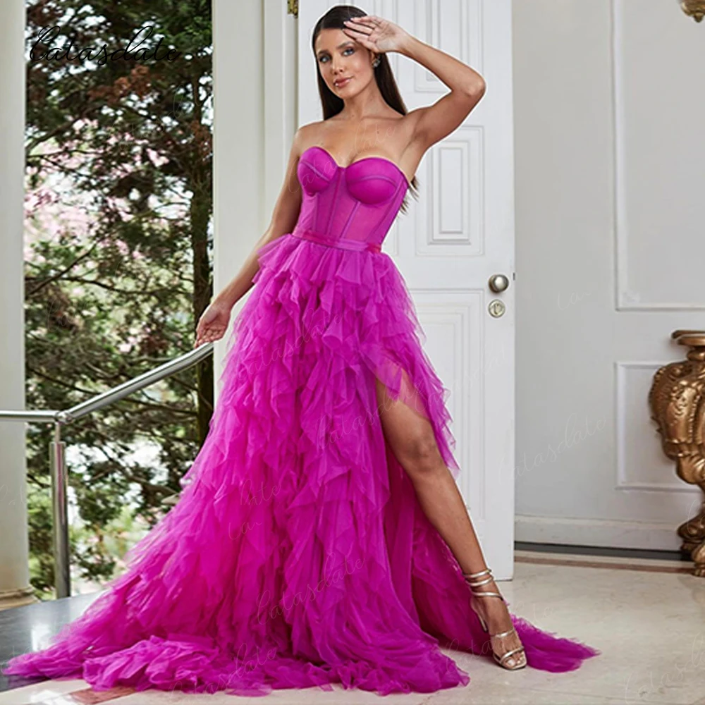 Catasdate Fuchsia Evening Dress A Line Evening Party Dress Tiered Layer Elegant Wedding Party Gowns Prom 2024 vestidos de fiesta