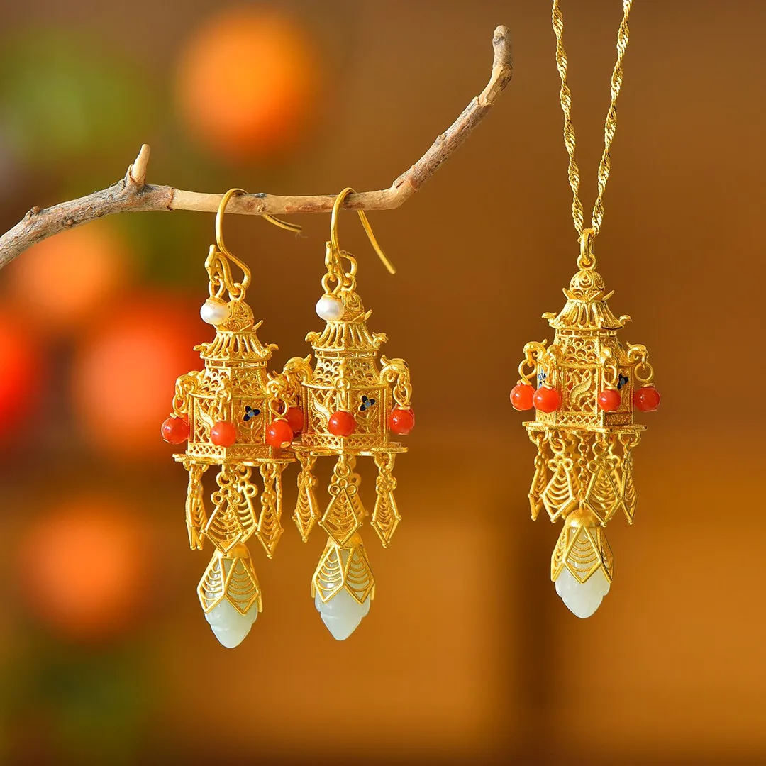 

925 Silver Filigree Palace Lantern Earrings Necklace Natural Hetian Jade Magnolia Earrings Chinese Style Retro Jewelry Set
