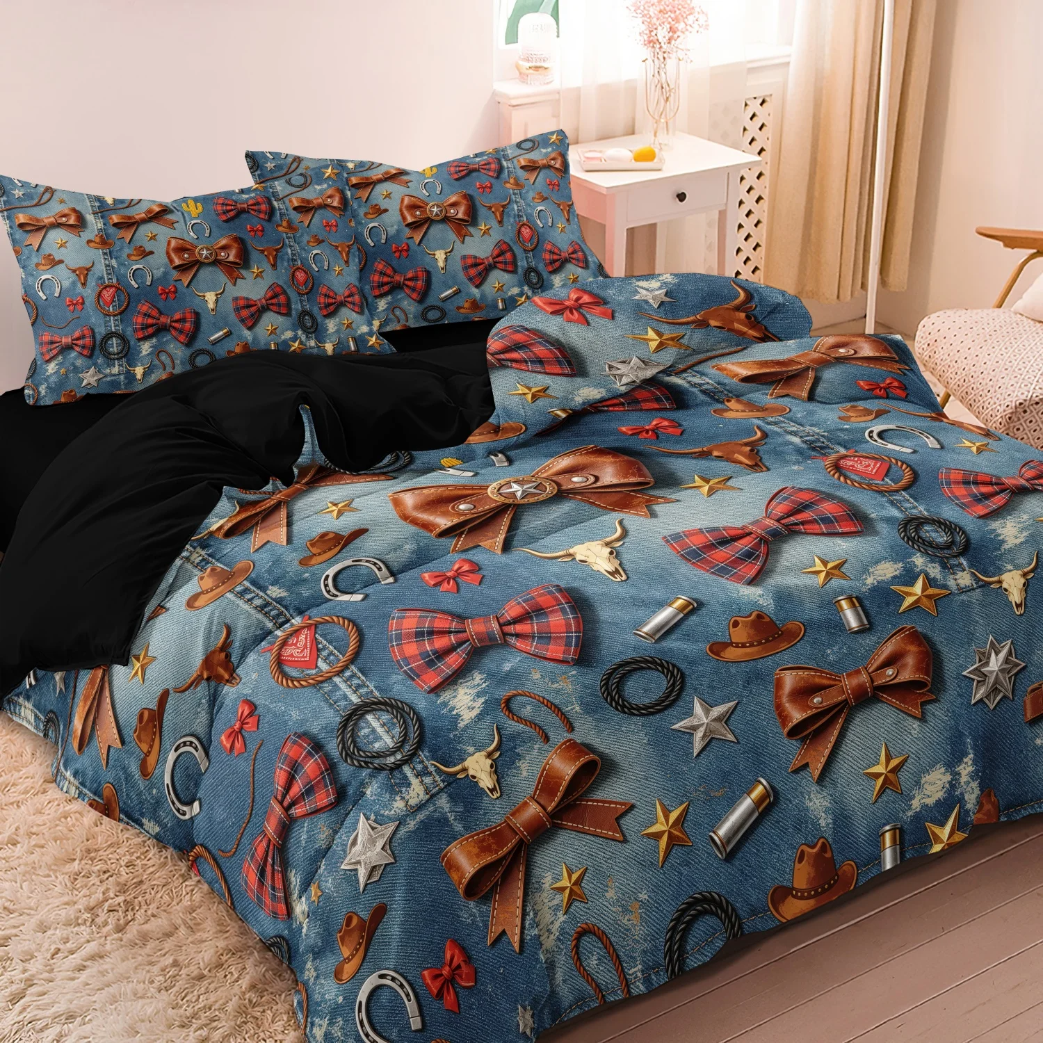 3pcs Cowgirl Coquette Western Duvet Cover Set, Blue Denim Texture Plaid Bow Horseshoe Cactus Design Bedding